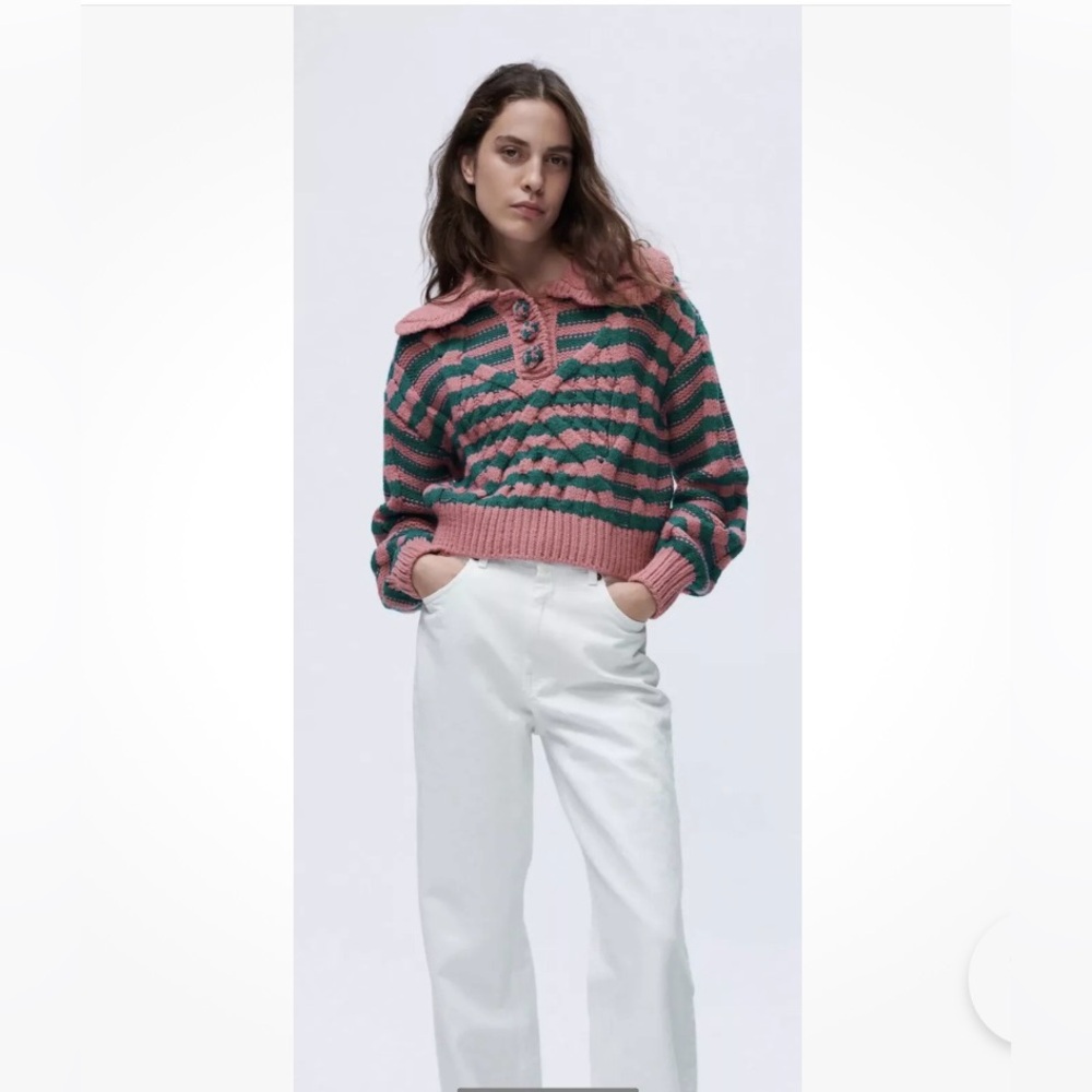 ZARA Ruffled Striped Cable Knit Sweater Pink Green Size S - Picture 3 of 11